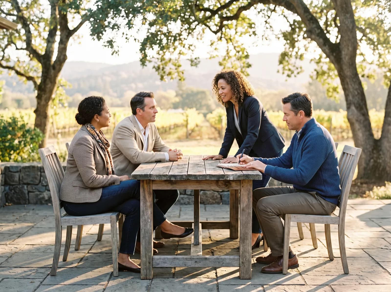 Four North Bay business people in conversation around a wooden table on a shaded patio, late-afternoon light